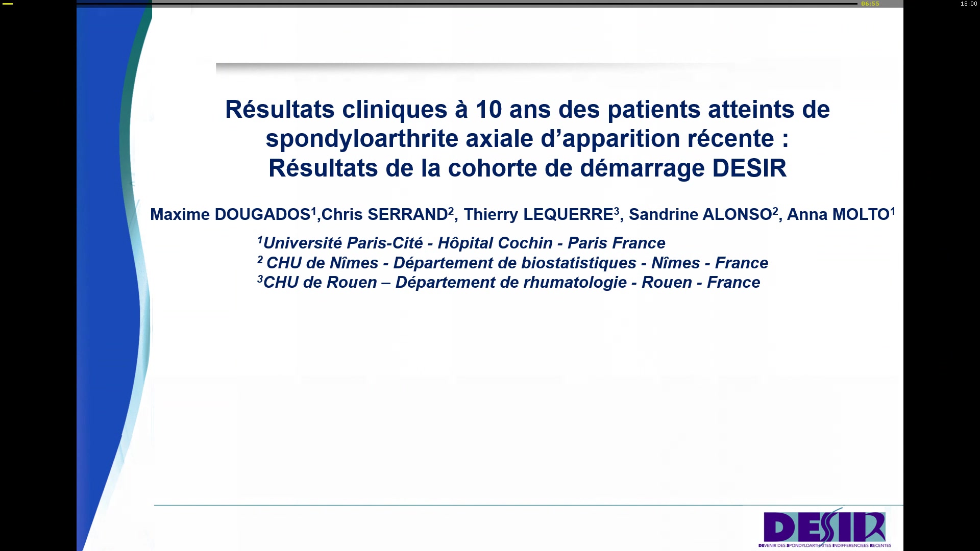 Résultats cliniques à dix ans des patients atteints de spondyloarthrite axiale d’apparition récente : Résultats de la cohorte de démarrage DESIR