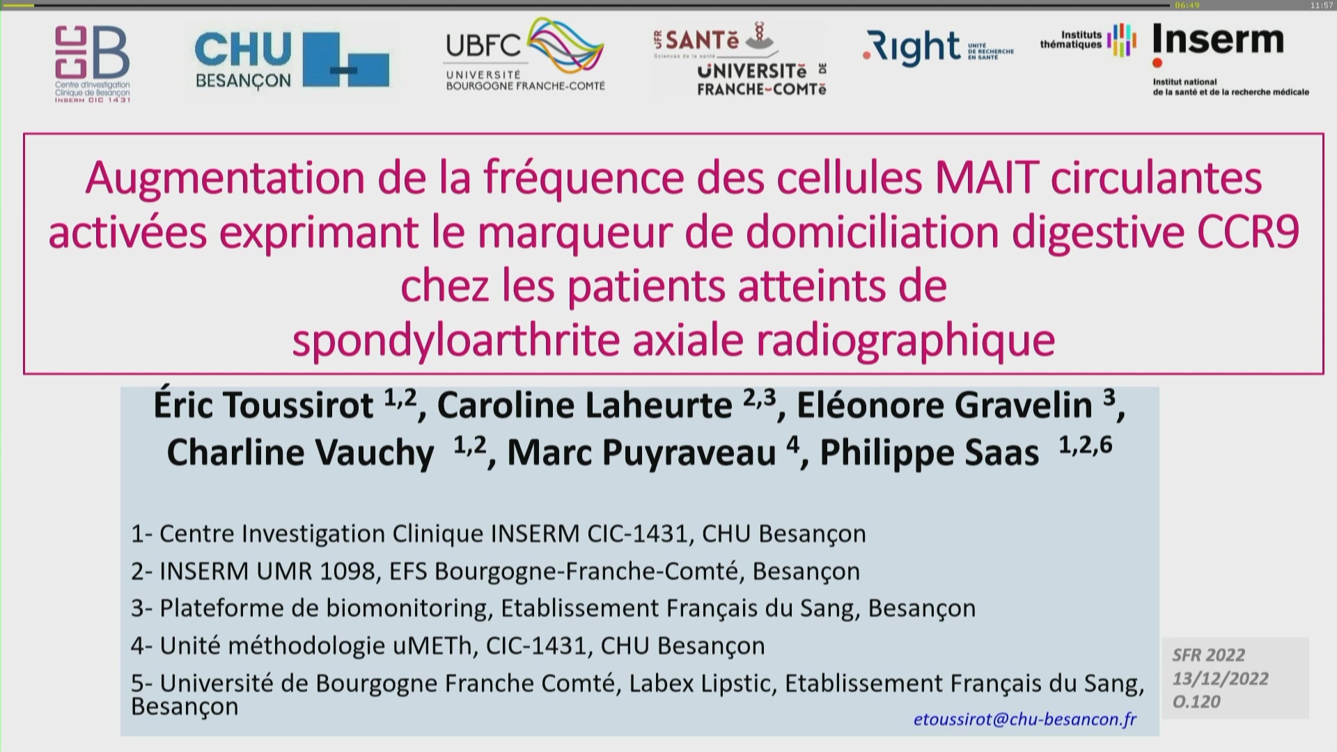 Augmentation de la fréquence des cellules MAIT circulantes activées exprimant le marqueur de domiciliation digestive CCR9 chez les patients atteints de spondyloarthrite axiale radiographique