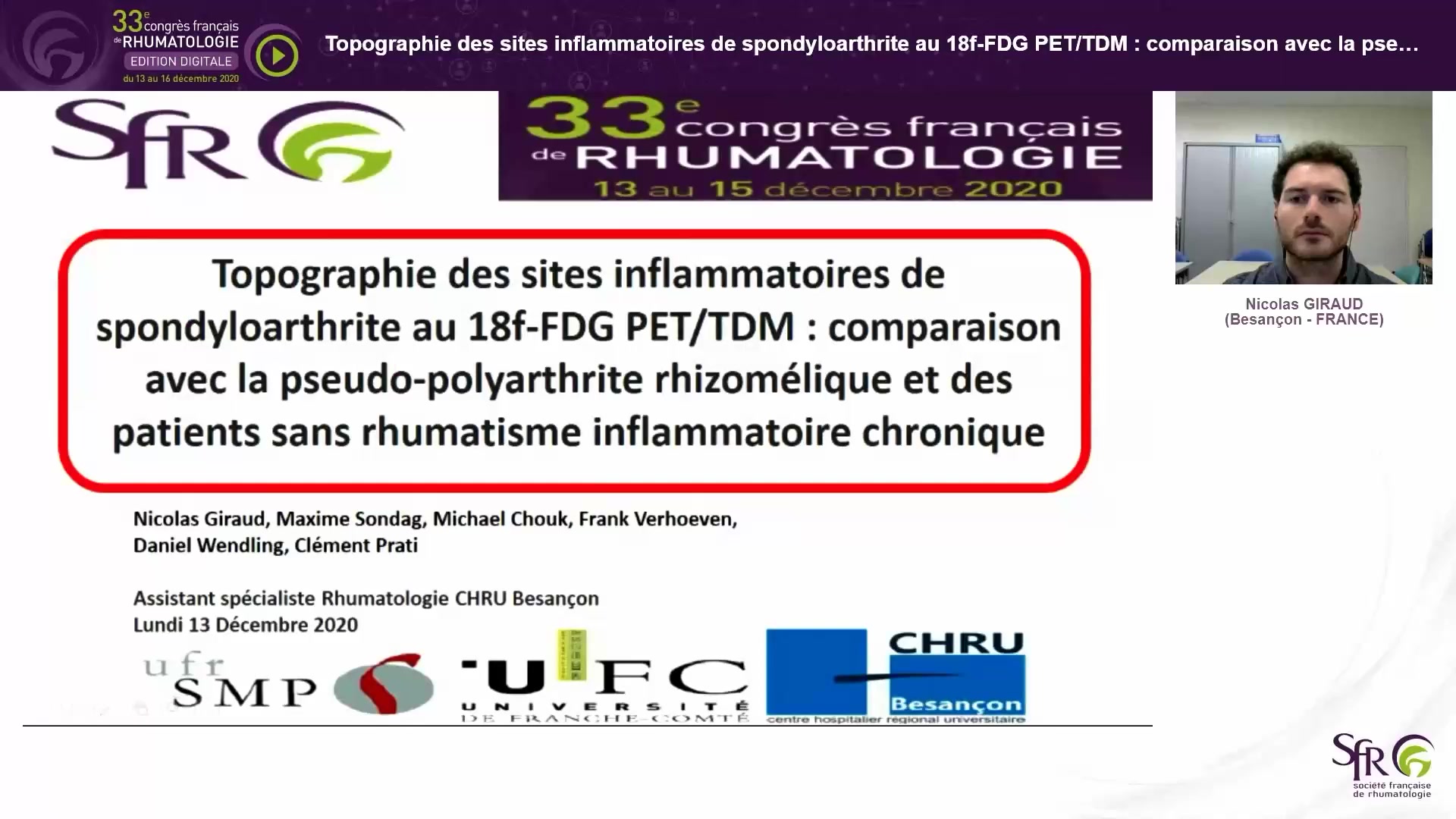 Topographie des sites inflammatoires de spondyloarthrite au 18f-FDG PET/TDM : comparaison avec la pseudo-polyarthrite rhizomélique et des patients sans rhumatisme inflammatoire chronique