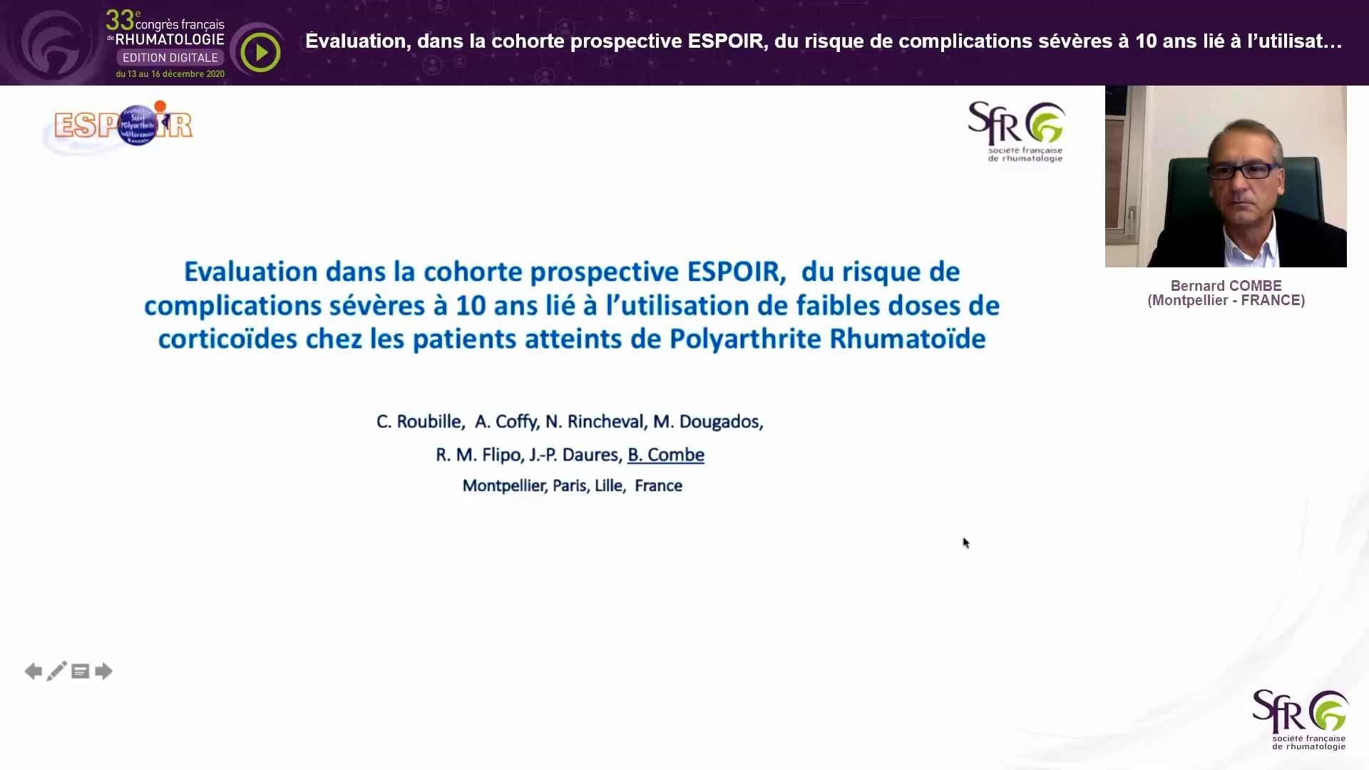 Évaluation, dans la cohorte prospective ESPOIR, du risque de complications sévères à 10 ans lié à l’utilisation de faibles doses de corticoides chez les patients atteints de Polyarthrite Rhumatoide