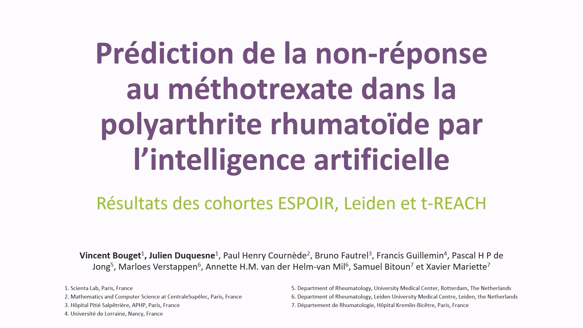 Prédiction de la non-réponse au méthotrexate dans la polyarthrite rhumatoïde par l’intelligence artificielle : résultats des cohortes ESPOIR, Leiden et t-REACH